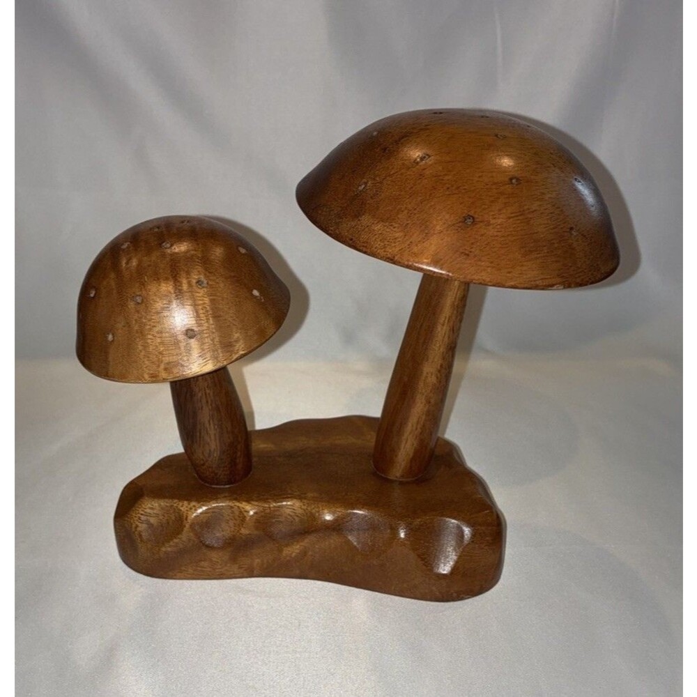 Vintage Dolphin Monkey Pod Wood Mushroom Toothpick Holder Appetizer Server 1970s